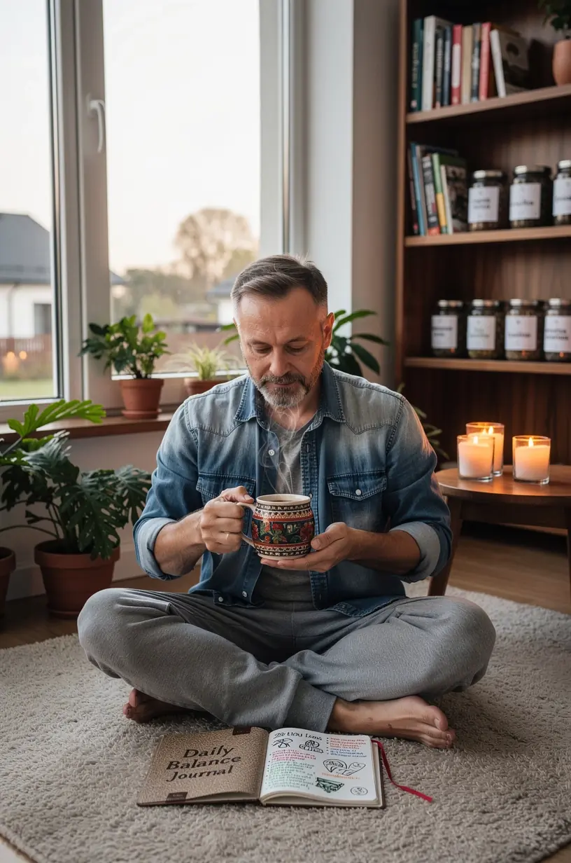 Ramybės akimirka su arbatos puodeliu ir užrašų knygute ant medinio stalo.