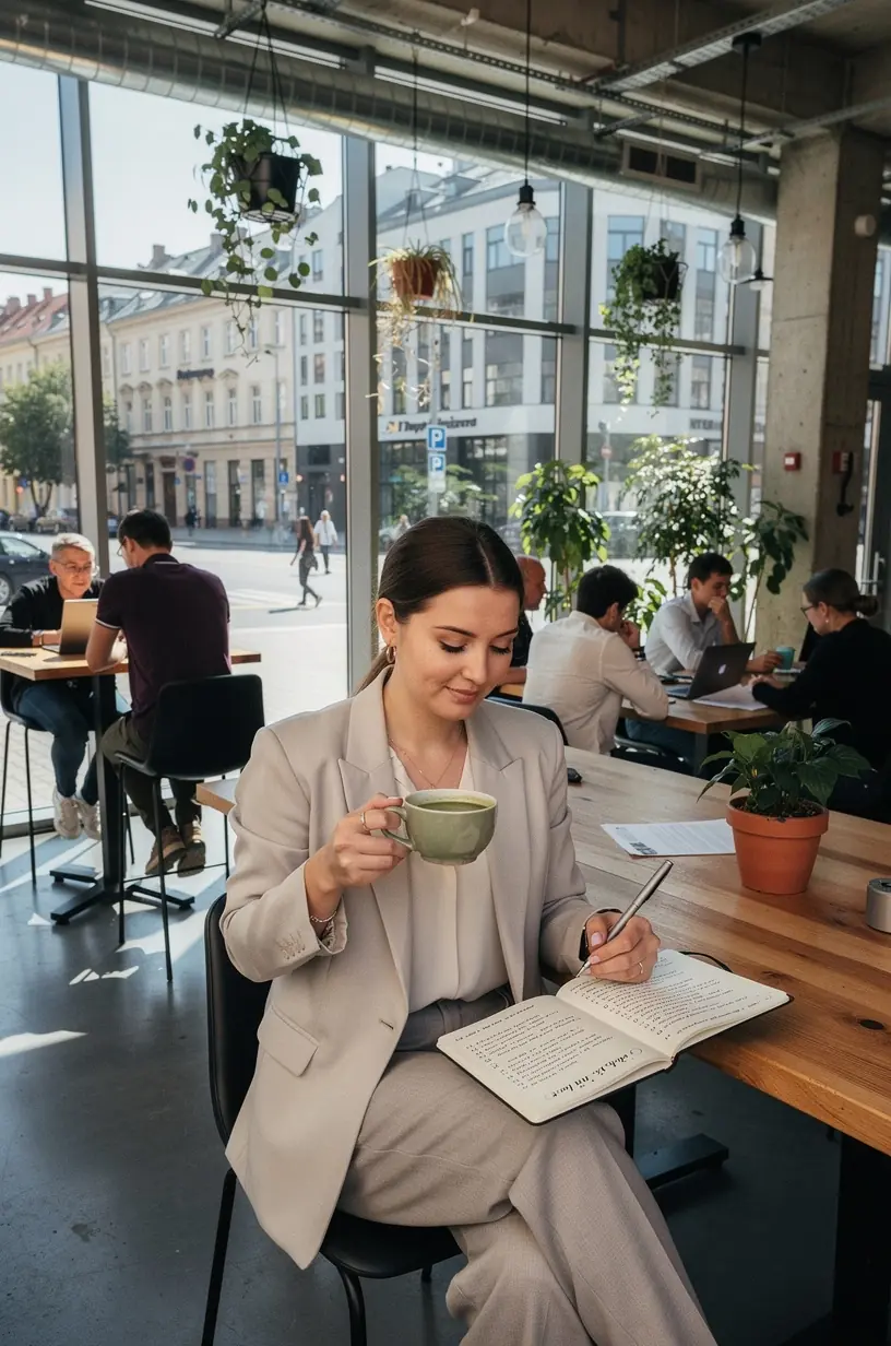 Šiltos arbatos garas virš puodelio, fone matomas dienoraštis su mintimis apie kasdienę pusiausvyrą.