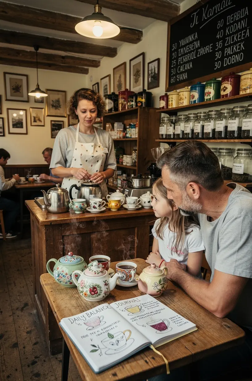 Praktinės arbatos gėrimo pertraukos akcentas – puodelis arbatos ir atverstas dienoraštis su rašymo priemonėmis.