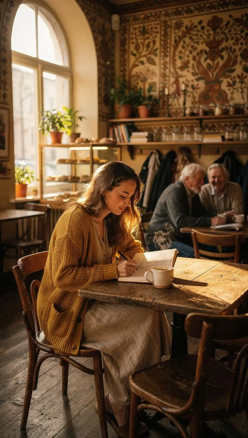 Ramus rytas su arbatos puodeliu ir kasdienio balanso žurnalu, skirtu sąmoningam poilsiui.
