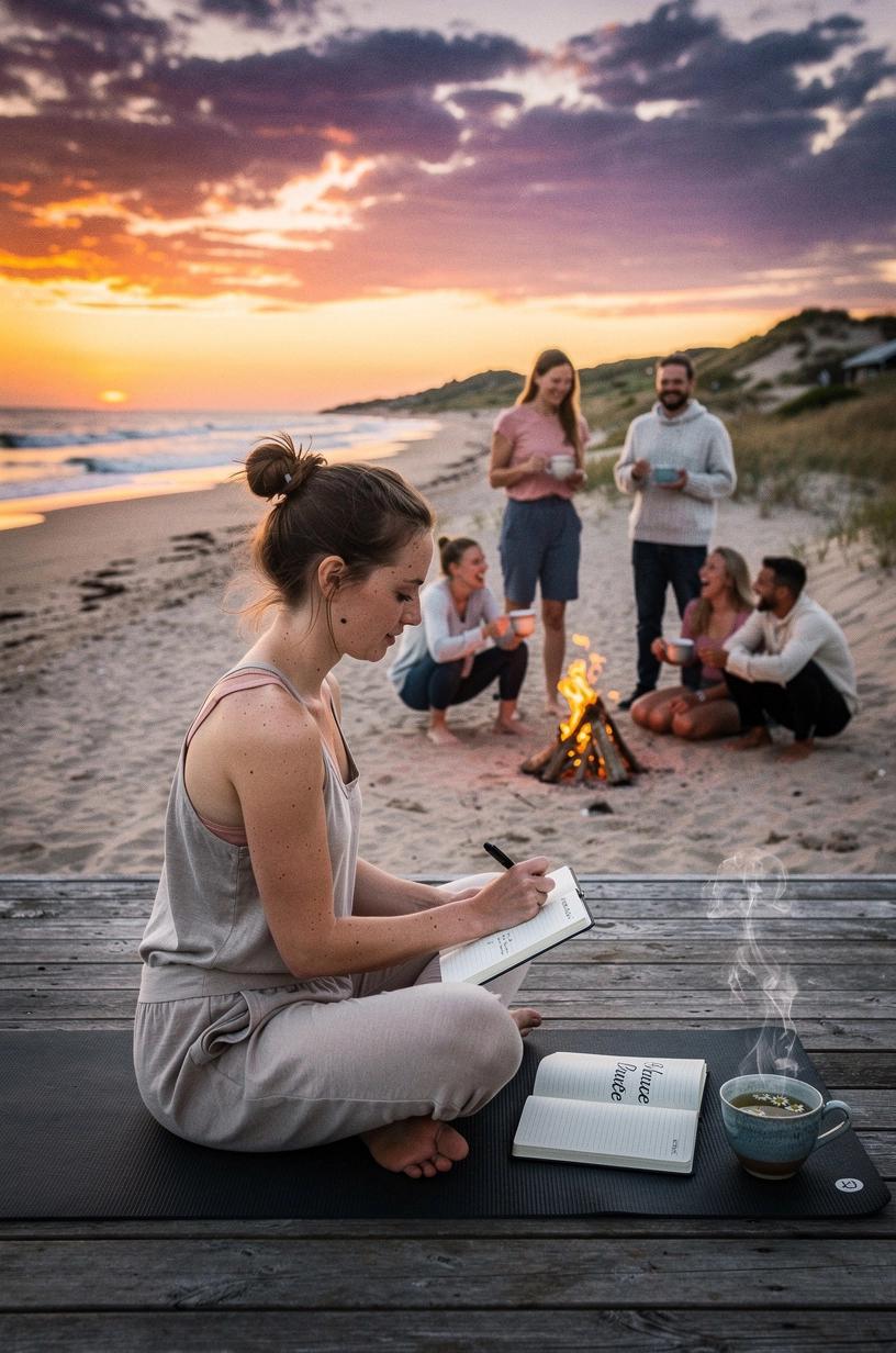 Šiltos arbatos puodelis ant stalo šalia atviro dienoraščio su ranka rašančia pastabas.
